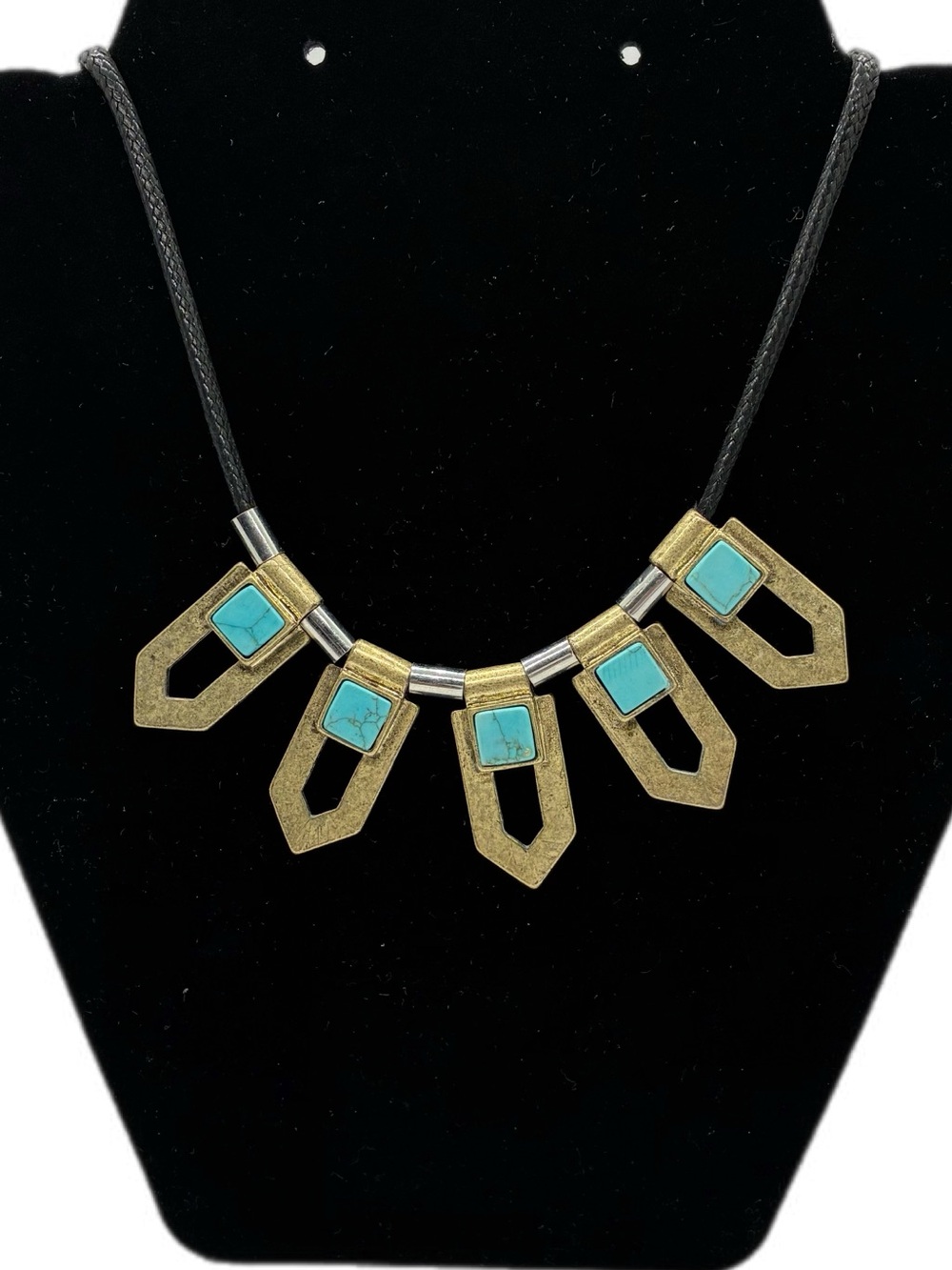 J. CREW TRIBAL NECKLACE BRASS FAUX TURQUOISE INSET BLACK CORD